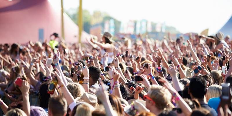 A vibrant crowd enjoying live music at a lively outdoor festival, filled with energy and excitement.