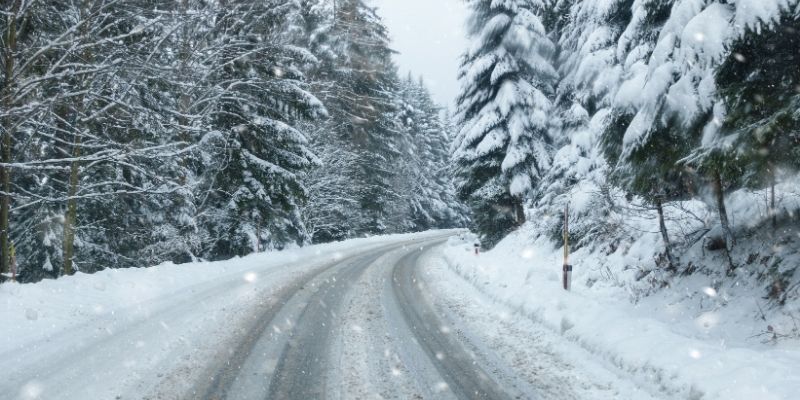 A serene winter road winding through a snow-covered forest, showcasing the beauty of a tranquil winter landscape.