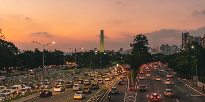  An overhead shot of rush hour traffic at dusk.
