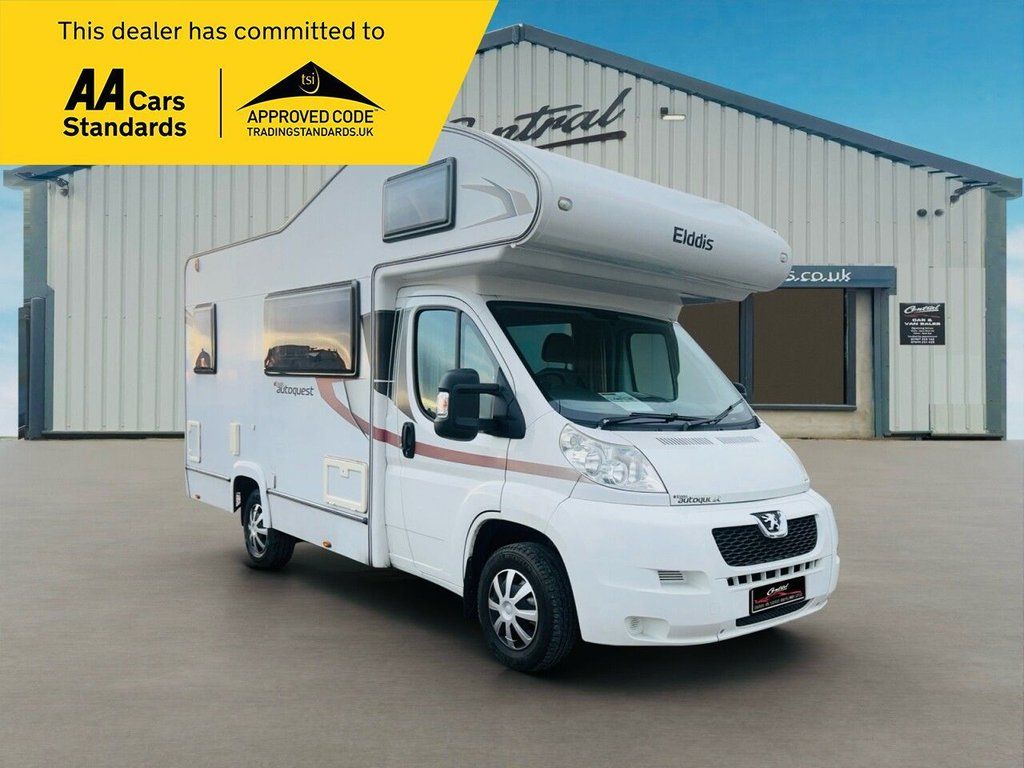 A white motorhome parked in front of a building, showcasing its size and design against the urban backdrop.