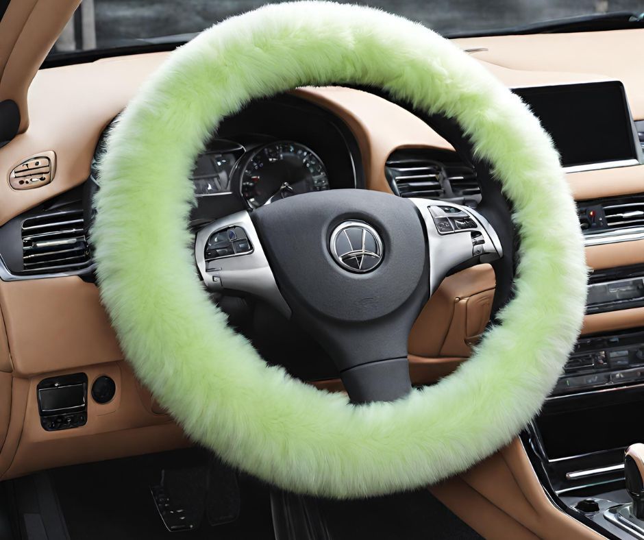 steering wheel with green fluffy cover