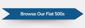 Blue ribbon-shaped banner with white text reading ‘Browse Our Fiat 500s.’