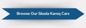 Blue ribbon-shaped banner with white text reading ‘Browse Our Skoda Karoq Cars’