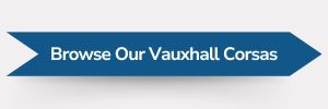 Blue ribbon-shaped banner with white text reading ‘Browse Our Vauxhall Corsas.’