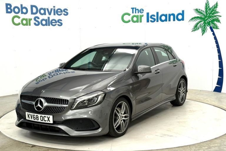 Grey Mercedes-Benz A-Class hatchback displayed in an indoor showroom at Bob Davies Car Sales.