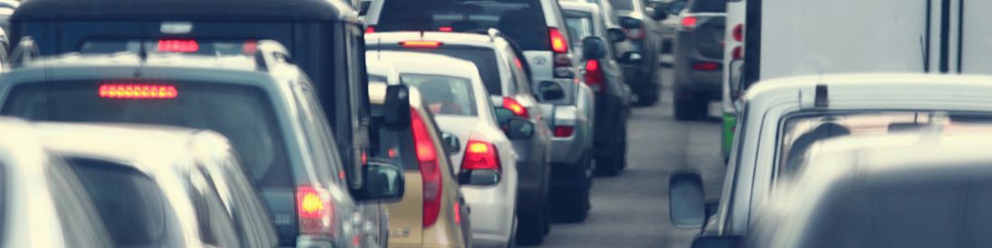 Standstill traffic jam, with lots of glowing red breaklights