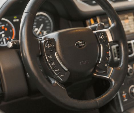 Land Rover steering wheel and dashboard.