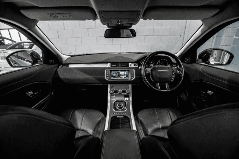 Black leather interior of a Range Rover Evoque