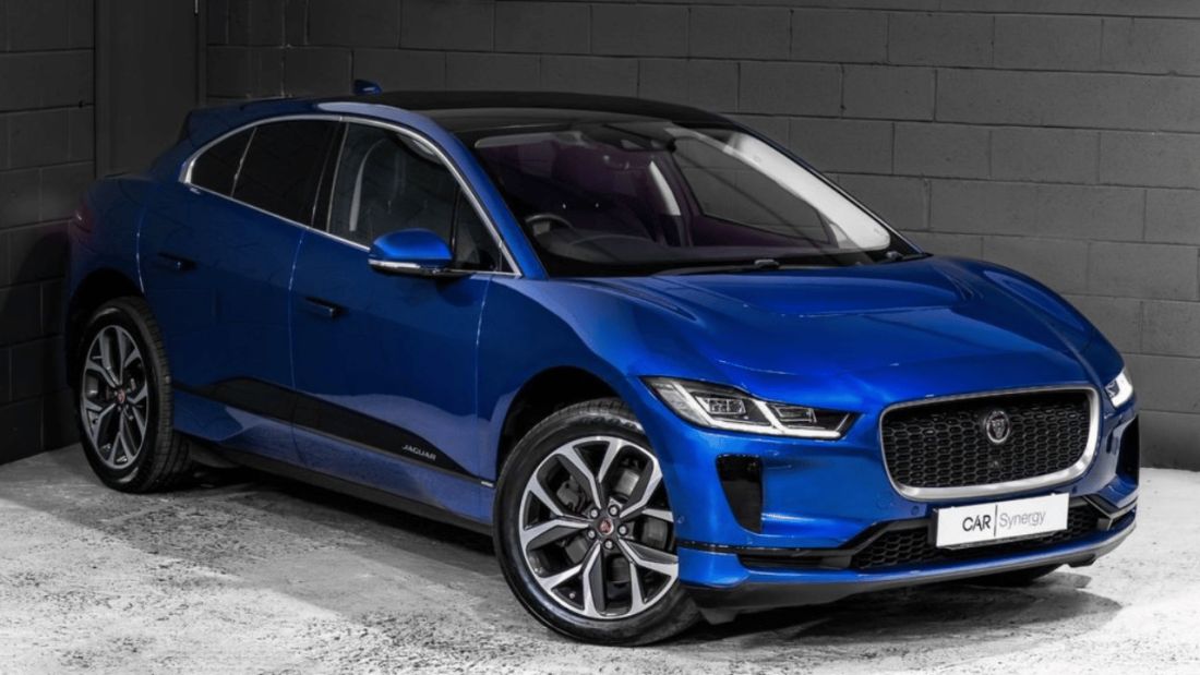 Front view of a blue Jaguar I-Pace.