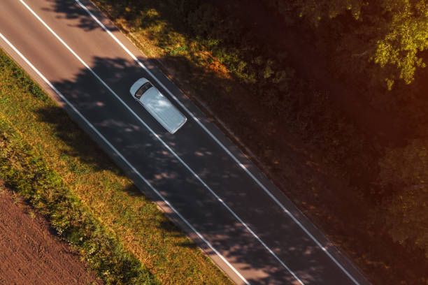 Campervan on road birds eye view