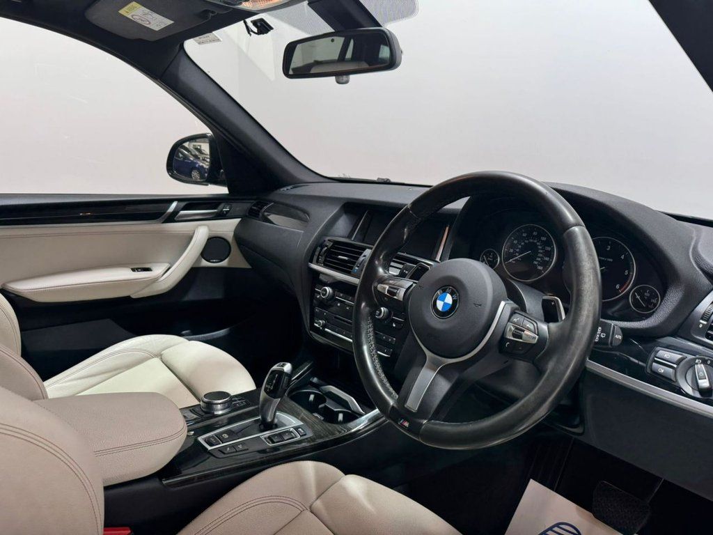 BMW interior showcasing luxury leather seats, modern dashboard, and advanced driving controls in a premium SUV.