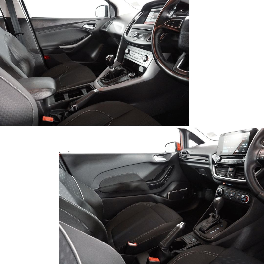 2015 Ford Focus interior (top left) and 2018 Ford Fiesta interior (bottom right)