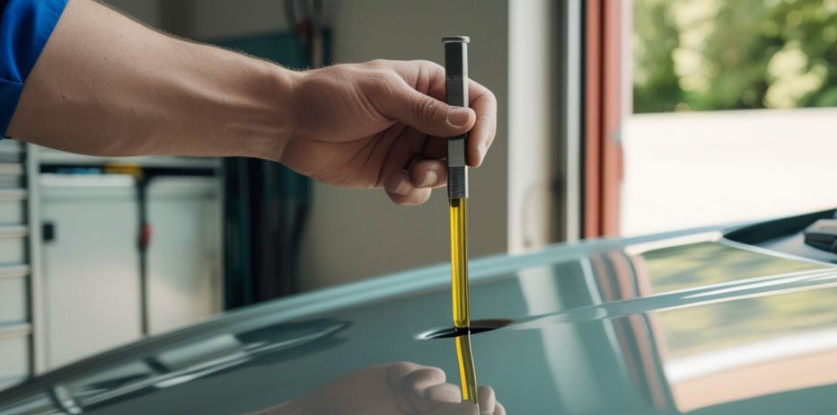 Used car having its oil checked during its MOT test