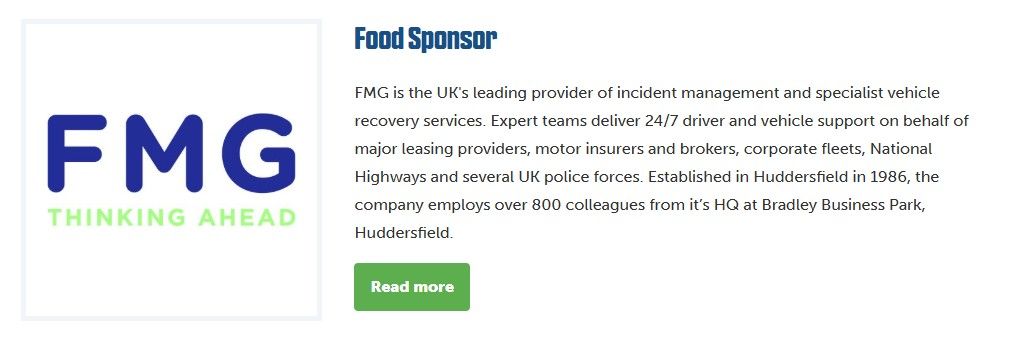 FMG food sponsor section featuring company logo, recovery services information and sponsorship details.