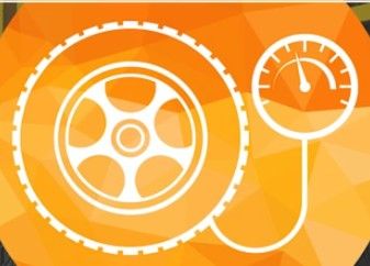White animated tyre connected to a pressure gauge, on a bright multitone orange background