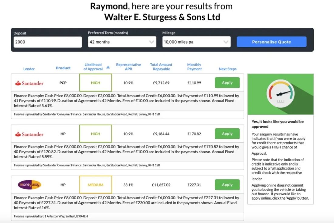 Car finance comparison results for Raymond showing three loan options from Walter E. Sturgess & Sons Ltd.