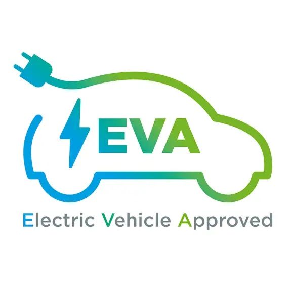 EVA (Electric Vehicle Approved) logo featuring a stylised car outline in green gradient with an electric plug cable extending from the top left, and a lightning bolt symbol inside the car. The text reads 'EVA' in blue and green letters, with 'Electric Vehicle Approved' written below in blue, teal, and green text.