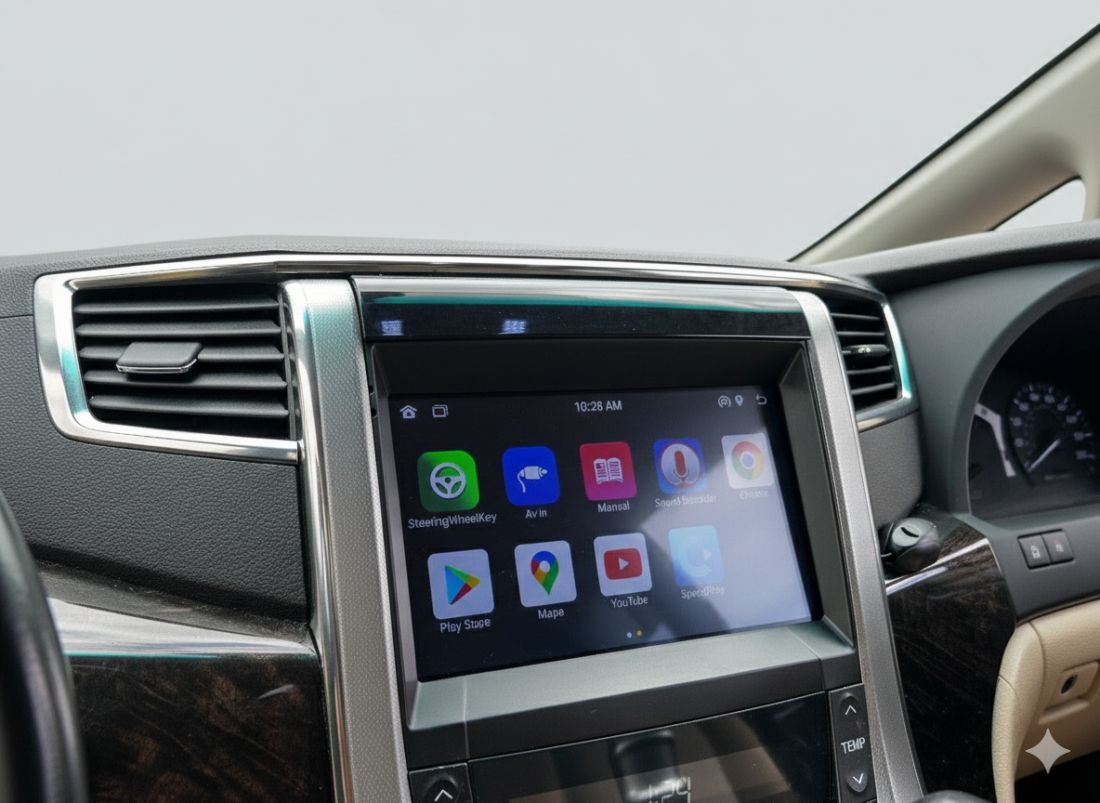 Upgraded Toyota Alphard touchscreen head unit displaying Apple CarPlay and Android Auto icons for UK smartphone integration.