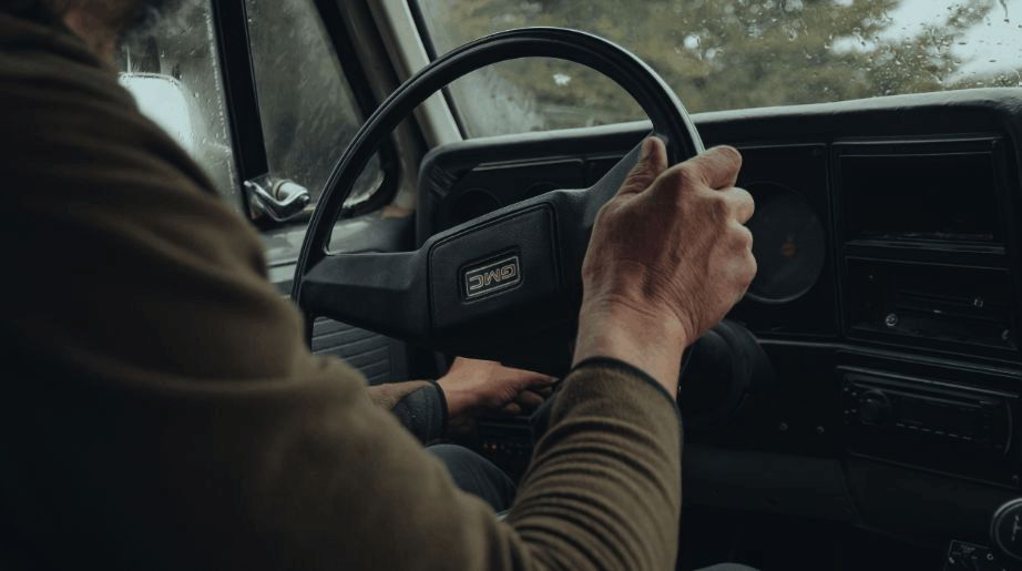 A Man Holding a Steering Wheel Whilst Driving