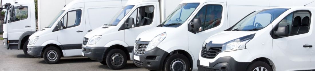 A row of white vans neatly parked in alignment.
