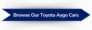 Blue ribbon-shaped banner with white text reading ‘Browse Our Toyota Aygo Cars’