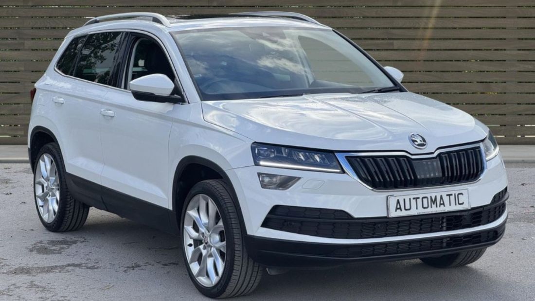 Front angle view of white Skoda SUV.