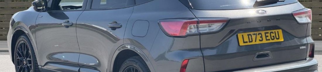 Rear view of a grey Ford SUV showing the car's boot, rear lights and number plate.