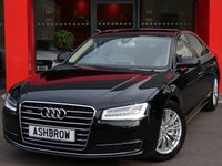 USED 2015 65 AUDI A8 3.0 TDI QUATTRO SE EXECUTIVE 4d AUTO 262 S/S NEW SHAPE, HDD SAT NAV WITH JUKEBOX & DVD PLAYBACK, DAB RADIO, AUDI MUSIC INTERFACE FOR IPOD/USB DEVICES (AMI), BLUETOOTH PHONE & MUSIC STREAMING, WIRELESS LAN CONNECTION (WLAN), 18 INCH 20 SPOKE ALLOYS, ELECTRIC FOLDING HEATED DOOR MIRRORS, ELECTRIC MEMORY SEATS, SPORT SEATS, REAR VIEW CAMERA, POWER BOOT LID, KEYLESS ENTRY & START, 1 OWNER FROM NEW, SERVICE HISTORY, BALANCE OF MANUFACTURERS WARRANTY, FRONT & REAR PARKING SENSORS WITH DISPLAY, MATRIX LED LIGHTS, FULL LEATHER INTERIOR