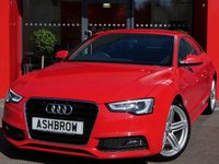 USED 2012 12 AUDI A5 2.0 TDI S LINE 2d 177 S/S &pound;30 TAX, FULL SERVICE HISTORY, UPGRADE 19 IN SEGMENT SPOKE ALLOYS, UPGRADE HEATED FRONT SEATS, FULL BLACK LEATHER, BLUETOOTH, REAR ACOUSTIC PARKING SENSORS, AUX, AUTO LIGHTS + WIPERS, LEATHER 3 SPOKE SPORTS MULTI FUNCTION STEERING WHEEL, SD CARD READER, ELECTRICALLY ADJUSTABLE HEATED DOOR MIRRORS, COLOUR DIS W/ DIGI SPEED DISPLAY, BI XENON HEADLIGHTS W/ LED DRL, LED OPTIC TAIL LIGHTS, DIGITAL DIPSTICK OIL LEVEL DISPLAY, BLACK CLOTH HEADLINING, DUAL ZONE CLIMATE A/C, SDS VOICE COMMAND, VAT Q