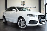 USED 2016 65 AUDI Q3 2.0 TDI QUATTRO S LINE PLUS 5DR AUTO 182 BHP full audi service history FINSHED IN STUNNING GLACIER WHITE WITH HALF BLACK LEATHER INTERIOR + FULL AUDI SERVICE HISTORY + SATELLITE NAVIGATION + BLUETOOTH + DAB RADIO + CRUISE CONTROL + HEATED ELECTRIC FOLDING MIRRORS + AIR CON + PARKING SENSORS + 19" ALLOY WHEELS