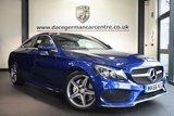 USED 2016 66 MERCEDES-BENZ C CLASS 2.1 C 220 D AMG LINE 2DR AUTO 168 BHP full Mercedes service history *NO ADMIN FEES* FINISHED IN BRILLIANT METALLIC BLUE WITH FULL BLACK LEATHER INTERIOR + FULL MERCEDES SERVICE HISTORY + SATELLITE NAVIGATION + REVERSE CAMERA + BLUETOOTH + CRUISE CONTROL + HEATED SEATS + PARKING SENSORS + AMG STYLE PACKAGE + ELECTRIC BOOT + DAB RADIO + AUTO STOP/START + 18 INCH AMG ALLOY WHEELS