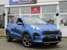 USED 2019 19 KIA SPORTAGE 1.6 GT-LINE ISG 5d 175 BHP Finished in BLUE FLAME METALLIC with Full LEATHER trim.This new Sportage is one of the best SUV's on the market. It offers striking looks and spacious interior.  Features include Sat Nav, 19-inch alloys, tinted windows, rain-sensing wipers, LED headlights, keyless start, leather upholstery, heated front and rear seats, 8-inch touchscreen infotainment system with built-in smartphone mirroring, upgraded JBL stereo, cruise control, lane-keeping assist and rear parking sensors.
