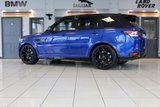USED 2017 LAND ROVER RANGE ROVER SPORT 5.0 V8 SVR 5d 543 BHP FINISHED IN A STUNNING PREMIUM METALLIC BLUE, COMPLIMENTED WITH BLACK ELECTRIC ADJUSTABLE HEATED LEATHER SPORT SEATS WITH MEMORY PROGRAM + BEAUTIFUL, HUGE SPECIFICATION 4 WHEEL DRIVE + COMES WITH A FAULTLESS FULL SERVICE HISTORY + PANORAMIC GLASS SUNROOF + MERIDIAN AUDIO SYSTEM  + 22 INCH SPLIT SPOKE ALLOY WHEELS IN SATIN BLACK + SATELLITE NAVIGATION + FRONT AND REAR HEATED SEATS + REVERSING CAMERA + FRONT AND REAR PARKING SENSORS + BLUETOOTH INCLUDING MEDIA STREAMING + DIGITAL DASH DISPLAY