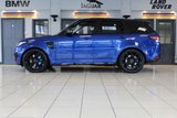 USED 2017 LAND ROVER RANGE ROVER SPORT 5.0 V8 SVR 5d 543 BHP FINISHED IN A STUNNING PREMIUM METALLIC BLUE, COMPLIMENTED WITH BLACK ELECTRIC ADJUSTABLE HEATED LEATHER SPORT SEATS WITH MEMORY PROGRAM + BEAUTIFUL, HUGE SPECIFICATION 4 WHEEL DRIVE + COMES WITH A FAULTLESS FULL SERVICE HISTORY + PANORAMIC GLASS SUNROOF + MERIDIAN AUDIO SYSTEM  + 22 INCH SPLIT SPOKE ALLOY WHEELS IN SATIN BLACK + SATELLITE NAVIGATION + FRONT AND REAR HEATED SEATS + REVERSING CAMERA + FRONT AND REAR PARKING SENSORS + BLUETOOTH INCLUDING MEDIA STREAMING + DIGITAL DASH DISPLAY