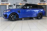 USED 2017 LAND ROVER RANGE ROVER SPORT 5.0 V8 SVR 5d 543 BHP FINISHED IN A STUNNING PREMIUM METALLIC BLUE, COMPLIMENTED WITH BLACK ELECTRIC ADJUSTABLE HEATED LEATHER SPORT SEATS WITH MEMORY PROGRAM + BEAUTIFUL, HUGE SPECIFICATION 4 WHEEL DRIVE + COMES WITH A FAULTLESS FULL SERVICE HISTORY + PANORAMIC GLASS SUNROOF + MERIDIAN AUDIO SYSTEM  + 22 INCH SPLIT SPOKE ALLOY WHEELS IN SATIN BLACK + SATELLITE NAVIGATION + FRONT AND REAR HEATED SEATS + REVERSING CAMERA + FRONT AND REAR PARKING SENSORS + BLUETOOTH INCLUDING MEDIA STREAMING + DIGITAL DASH DISPLAY
