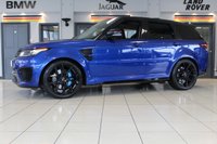 USED 2017 LAND ROVER RANGE ROVER SPORT 5.0 V8 SVR 5d 543 BHP FINISHED IN A STUNNING PREMIUM METALLIC BLUE, COMPLIMENTED WITH BLACK ELECTRIC ADJUSTABLE HEATED LEATHER SPORT SEATS WITH MEMORY PROGRAM + BEAUTIFUL, HUGE SPECIFICATION 4 WHEEL DRIVE + COMES WITH A FAULTLESS FULL SERVICE HISTORY + PANORAMIC GLASS SUNROOF + MERIDIAN AUDIO SYSTEM  + 22 INCH SPLIT SPOKE ALLOY WHEELS IN SATIN BLACK + SATELLITE NAVIGATION + FRONT AND REAR HEATED SEATS + REVERSING CAMERA + FRONT AND REAR PARKING SENSORS + BLUETOOTH INCLUDING MEDIA STREAMING + DIGITAL DASH DISPLAY