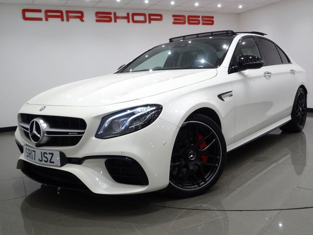 2017 17 Mercedes-Benz E-Class 4.0 E63 BITURBO V8 AMG S (612 PS) (PREMIUM) SpdS MCT 4MATIC+ 4DR + PERFORMANCE BUCKET SEATS + UPGRADED 20 INCH AMG ALLOYS + BURMESTER PREMIUM SOUND + DIAMOND WHITE METALLIC PAINTWORK + PANORAMIC SLIDING ROOF + 360 PARKING AID + LED HEADLIGHTS