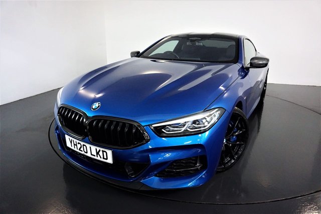 2020 20 BMW 8 Series 4.4 M850I XDRIVE 2d AUTO 523 BHP-SONIC SPEED BLUE METALLIC-HEATED BLACK MERINO LEATHER-20 INCH Y SPOKE ALLOY WHEELS IN CERIUM GREY-SOFT CLOSE DOORS-CLIMATE CONTROL-SUN PROTECTION GLASS-DAB RADIO-PARK ASSIST PLUS-HARMAN KARDON SOUND SYSTEM-HIGH BEAM ASSIST-M SPORT SUSPENSION PROFESSIONAL-HEATED STEERING WHEEL-HEAD UP DISPLAY-CARBON ROOF AND M EXTERIOR PACKAGE CARBON