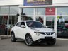 USED 2014 64 NISSAN JUKE 1.6 TEKNA CVT Finished in PEARL WHITE with contrasting EBONY HEATED LEATHER trim. The Nissan Juke first appeared in 2010 and has remained a favourite with its eye catching looks. Ideal Mid Sized family car. Features include Sat Nav, Heated Leather, 360 View Camera, DAB, 17" Alloys and much more. Dealer serviced at 11920 miles. Then at 25415 miles, 34551 miles, 52481 miles and on arrival at 65556 miles.