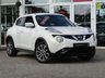 USED 2014 64 NISSAN JUKE 1.6 TEKNA CVT Finished in PEARL WHITE with contrasting EBONY HEATED LEATHER trim. The Nissan Juke first appeared in 2010 and has remained a favourite with its eye catching looks. Ideal Mid Sized family car. Features include Sat Nav, Heated Leather, 360 View Camera, DAB, 17" Alloys and much more. Dealer serviced at 11920 miles. Then at 25415 miles, 34551 miles, 52481 miles and on arrival at 65556 miles.