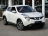 USED 2014 64 NISSAN JUKE 1.6 TEKNA CVT Finished in PEARL WHITE with contrasting EBONY HEATED LEATHER trim. The Nissan Juke first appeared in 2010 and has remained a favourite with its eye catching looks. Ideal Mid Sized family car. Features include Sat Nav, Heated Leather, 360 View Camera, DAB, 17" Alloys and much more. Dealer serviced at 11920 miles. Then at 25415 miles, 34551 miles, 52481 miles and on arrival at 65556 miles.