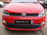 USED 2016 66 VOLKSWAGEN POLO 1.0 MATCH 3d 60 BHP Finished in FLASH RED with contrasting Grey cloth seats. This Polo is still one of the best small cars you can buy. It is comfortable and has a spacious, plush interior. The 1.0 engine makes it nippy and a fun car to drive. Ideal 1st car or small family car. Features include, &pound;20 Road tax, Cruise control, B/Tooth, DAB Radio, A/C, Alloys and much more. Serviced at 11231 miles, 18466 miles, 27607 miles, 34451 miles, 40427 miles and at 44880 miles. MOT due 28/9/2023.