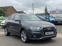 USED 2013 62 AUDI Q3 2.0 TDI QUATTRO S LINE 5d 138 BHP FRONT AND REAR PARKING AID +  AUDI SERVICE RECORD +  LED DAY TIME RUNNING LIGHTS +  DUAL ZONE CLIMATE CONTROL +  TRACTION CONTROL +  BLUETOOTH CONNECTION +  TRIP COMPUTER +  SPEED WARNING +  GEAR RECOMMENDATION +  AUTO HEADLIGHTS +  BENDING HEADLIGHTS +  CLUSTER BRIGHTNESS SETTING +  REAR WIPERS +   REAR HEATED WINDOW +  AUTO START/STOP +  CD PLAYER +  2 FRONT CUPHOLDERS +  AUTO SIDE MIRRORS +  POWER WINDOWS +  HEATED SIDE MIRRORS +  17 INCH ALLOYS