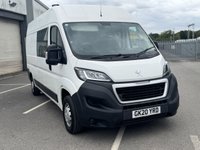USED 2020 20 PEUGEOT BOXER 2.0 BlueHDi 335 Built for Business Professional Crew Van 5dr Diesel Manual L3 H2 Euro 6 (130 ps) We have just taken in this Peugeot Boxer features a reliable 2.0-litre BlueHDi diesel engine, producing around 130 PS (approx. 128 bhp) with healthy torque delivery&mdash;though exact torque figures aren&rsquo;t listed, similar variants around 258 lb-ft (&asymp; 350 Nm) are typical. Fuel economy is rated at roughly 45.6 mpg combined, with urban at ~42.2 mpg and extra-urban around ~47.9 mpg. Cabin climate & tech: Manual air conditioning, a 5-inch colour touchscreen with DAB radio, Bluetooth, USB, and optional sat-