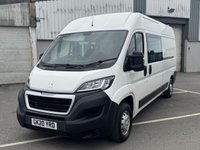USED 2020 20 PEUGEOT BOXER 2.0 BlueHDi 335 Built for Business Professional Crew Van 5dr Diesel Manual L3 H2 Euro 6 (130 ps) We have just taken in this Peugeot Boxer features a reliable 2.0-litre BlueHDi diesel engine, producing around 130 PS (approx. 128 bhp) with healthy torque delivery&mdash;though exact torque figures aren&rsquo;t listed, similar variants around 258 lb-ft (&asymp; 350 Nm) are typical. Fuel economy is rated at roughly 45.6 mpg combined, with urban at ~42.2 mpg and extra-urban around ~47.9 mpg. Cabin climate & tech: Manual air conditioning, a 5-inch colour touchscreen with DAB radio, Bluetooth, USB, and optional sat-