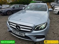 USED 2018 67 MERCEDES-BENZ E-CLASS Silver 2.0 E220d AMG Line Estate, 56,300 miles, 2 owners, Euro 6 ULEZ, Automatic, Bluetooth, Heated Half leather, Sat Nav, Cruise Control, FSH. This 2018 Mercedes Benz E Class E220d AMG Line presents an exceptional opportunity with its remarkably low mileage of just 56,300 miles for its age. This Euro 6 compliant model boasts a powerful yet efficient 2.0 litre diesel engine, delivering an impressive 0-60mph acceleration in only 7.7 seconds. The AMG Line trim ensures a sporty aesthetic and enhanced driving experience, complemented by a generously sized boot, offering practicality for all your needs.  The performance figures for this E Cl