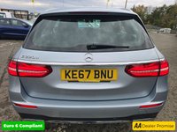 USED 2018 67 MERCEDES-BENZ E-CLASS Silver 2.0 E220d AMG Line Estate, 56,300 miles, 2 owners, Euro 6 ULEZ, Automatic, Bluetooth, Heated Half leather, Sat Nav, Cruise Control, FSH. This 2018 Mercedes Benz E Class E220d AMG Line presents an exceptional opportunity with its remarkably low mileage of just 56,300 miles for its age. This Euro 6 compliant model boasts a powerful yet efficient 2.0 litre diesel engine, delivering an impressive 0-60mph acceleration in only 7.7 seconds. The AMG Line trim ensures a sporty aesthetic and enhanced driving experience, complemented by a generously sized boot, offering practicality for all your needs.  The performance figures for this E Cl