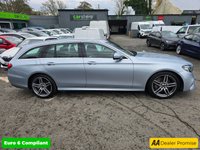 USED 2018 67 MERCEDES-BENZ E-CLASS Silver 2.0 E220d AMG Line Estate, 56,300 miles, 2 owners, Euro 6 ULEZ, Automatic, Bluetooth, Heated Half leather, Sat Nav, Cruise Control, FSH. This 2018 Mercedes Benz E Class E220d AMG Line presents an exceptional opportunity with its remarkably low mileage of just 56,300 miles for its age. This Euro 6 compliant model boasts a powerful yet efficient 2.0 litre diesel engine, delivering an impressive 0-60mph acceleration in only 7.7 seconds. The AMG Line trim ensures a sporty aesthetic and enhanced driving experience, complemented by a generously sized boot, offering practicality for all your needs.  The performance figures for this E Cl