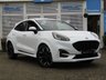 USED 2022 72 FORD PUMA 1.0T EcoBoost MHEV ST-Line X SUV 5dr Petrol Hybrid DCT Euro 6 (s/s) (125 ps) Finished in FROZEN WHITE METALLIC with PART LEATHER SPORTS Trim. This high specification Ford Puma certainly looks the part. It's got the raised up driving position, the eye-catching design, and a sort of miniature SUV shape. Features include Sat Nav, DAB Radio, B/Tooth, Apple Play, Virtual Dash B and O speakers and great Low Mileage.  Just Serviced at 14973 miles.