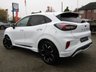 USED 2022 72 FORD PUMA 1.0T EcoBoost MHEV ST-Line X SUV 5dr Petrol Hybrid DCT Euro 6 (s/s) (125 ps) Finished in FROZEN WHITE METALLIC with PART LEATHER SPORTS Trim. This high specification Ford Puma certainly looks the part. It's got the raised up driving position, the eye-catching design, and a sort of miniature SUV shape. Features include Sat Nav, DAB Radio, B/Tooth, Apple Play, Virtual Dash B and O speakers and great Low Mileage.  Just Serviced at 14973 miles.